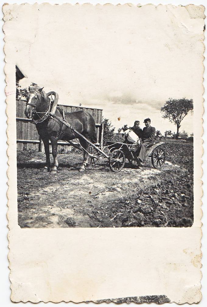 Kazimieras Jasevičius su žmona Genovaite Lungyte-Jasevičiene važiuoja vežimu „lineika“
